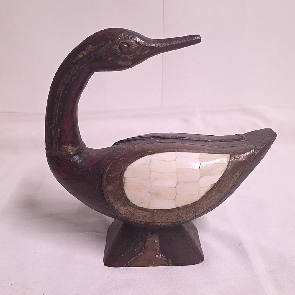 Handcarved Wood Brown Wood Copper Mother of Pearl Inlay Folk Art Decor